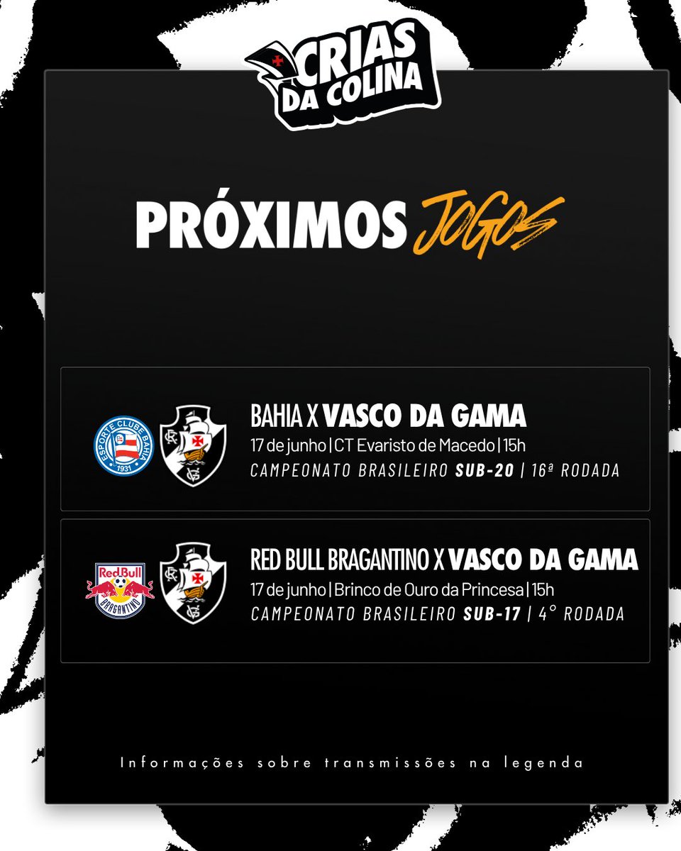 Pelo Brasileiro, Vasco visita o Bahia no Sub-20 e o Red Bull Bragantino no Sub-17 nesta 4ª-feira com Youtube